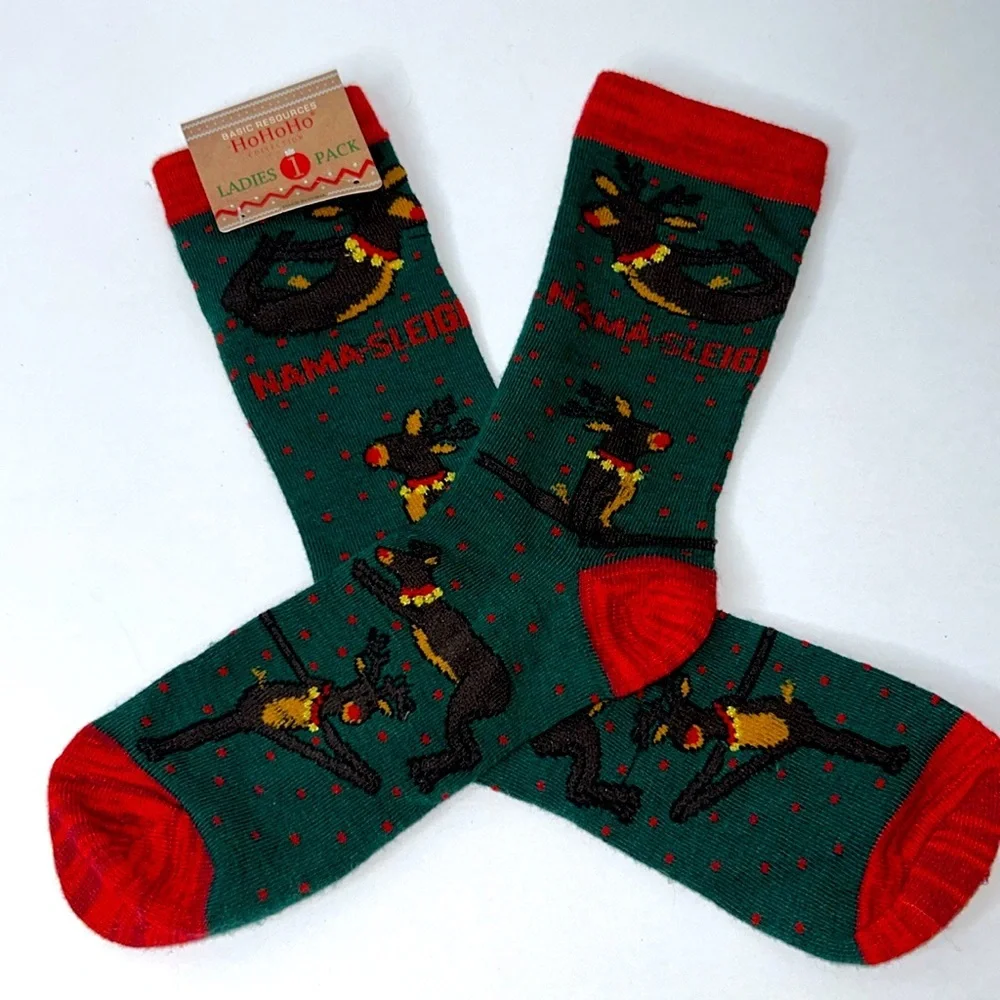YOGA‎ Reindeer NAMA-SLEIGH Holiday Christmas Crew Funny Socks Women’s NWT